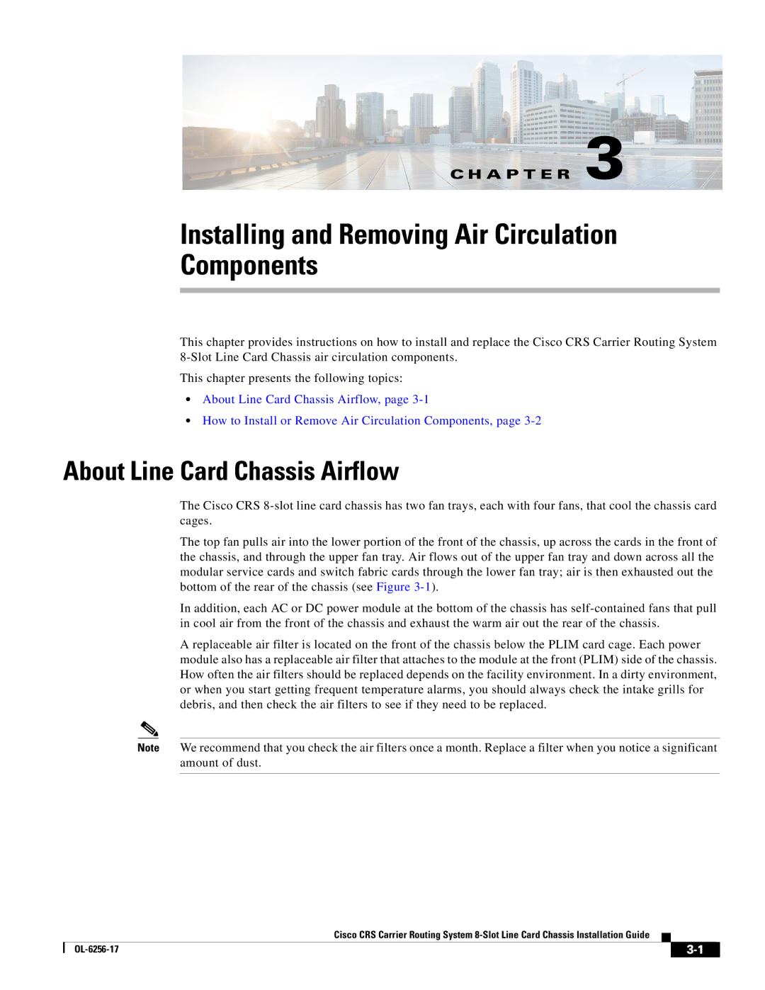 Cisco Systems OL-6256-17 manual Installing and Removing Air Circulation Components, About Line Card Chassis Airflow 