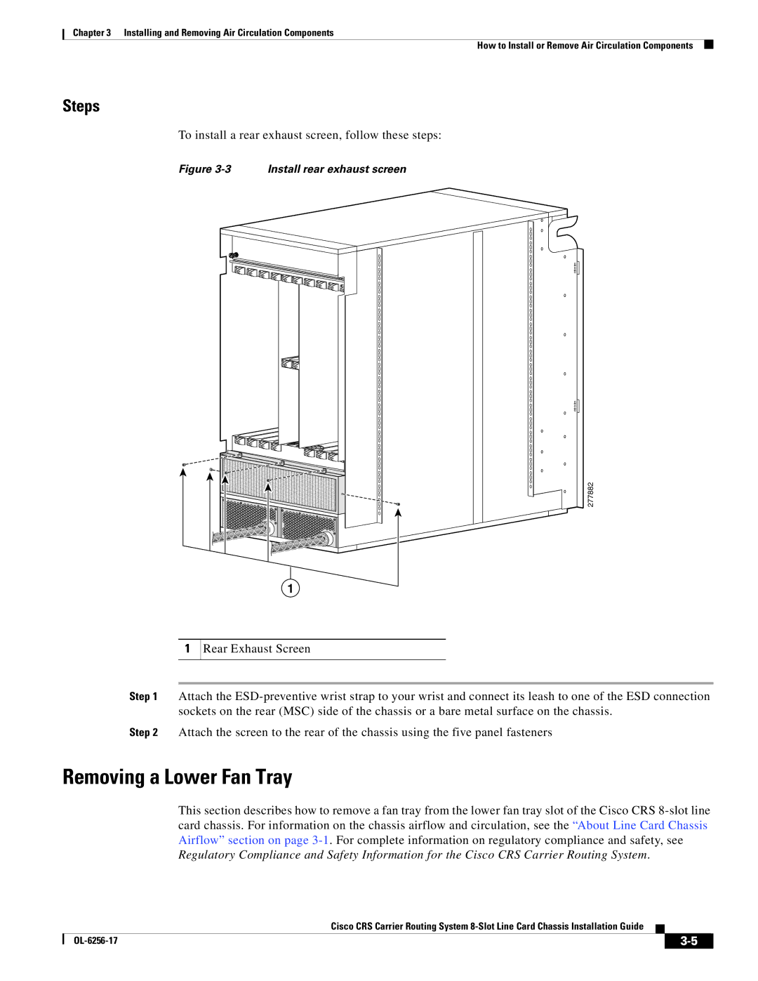 Cisco Systems OL-6256-17 manual Removing a Lower Fan Tray, Install rear exhaust screen 