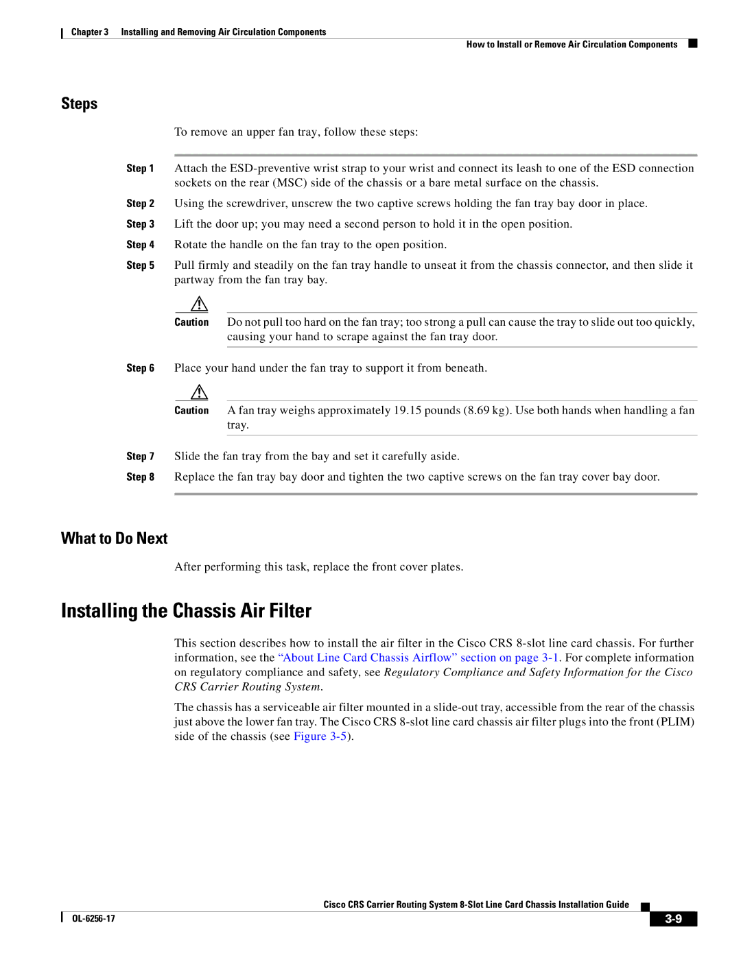 Cisco Systems OL-6256-17 manual Installing the Chassis Air Filter 