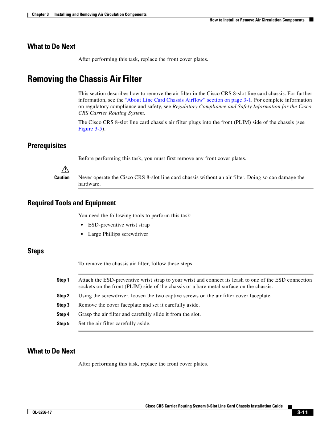 Cisco Systems OL-6256-17 manual Removing the Chassis Air Filter 