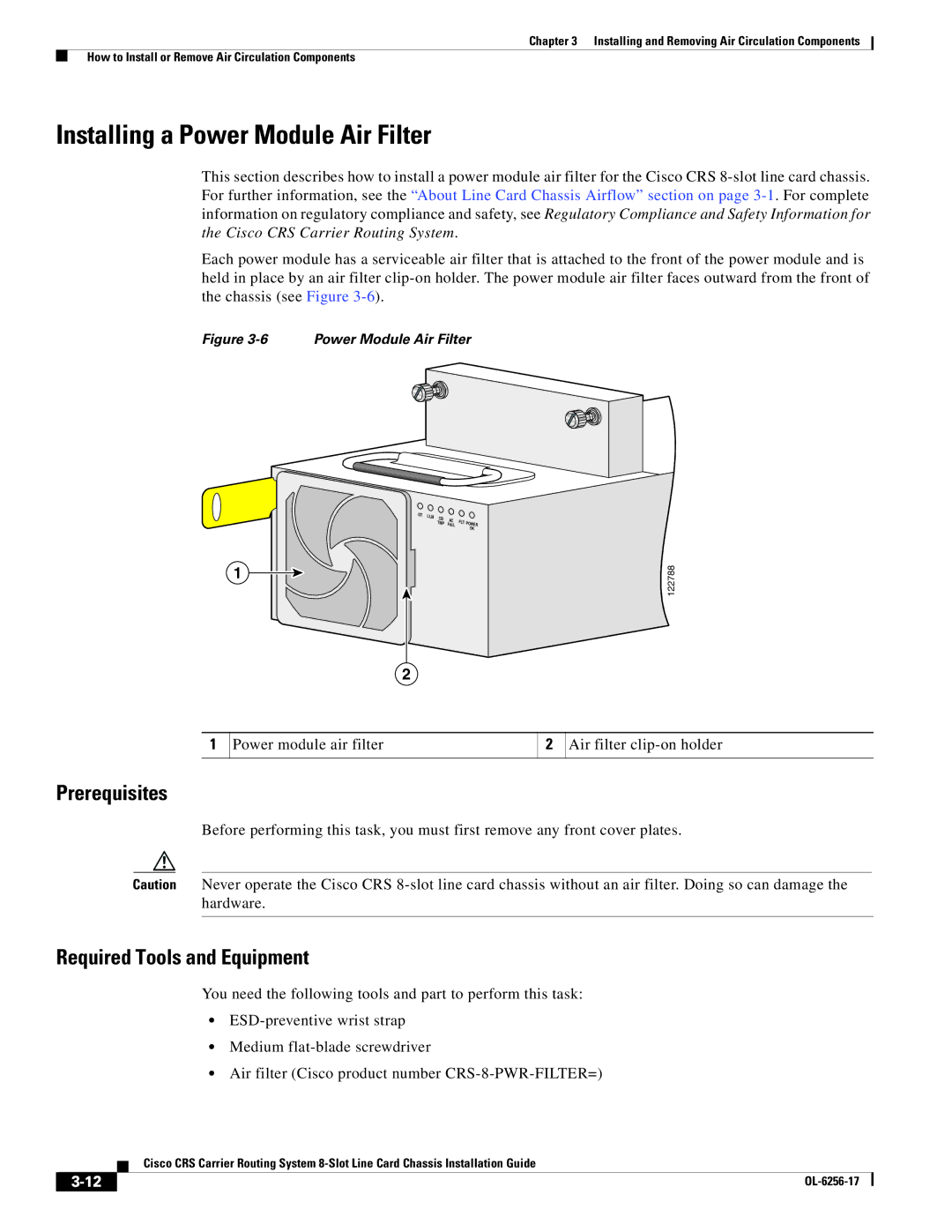 Cisco Systems OL-6256-17 manual Installing a Power Module Air Filter 