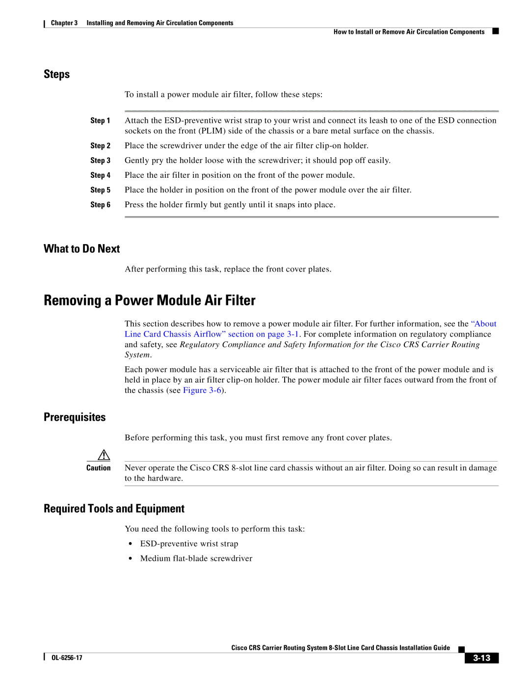 Cisco Systems OL-6256-17 manual Removing a Power Module Air Filter 