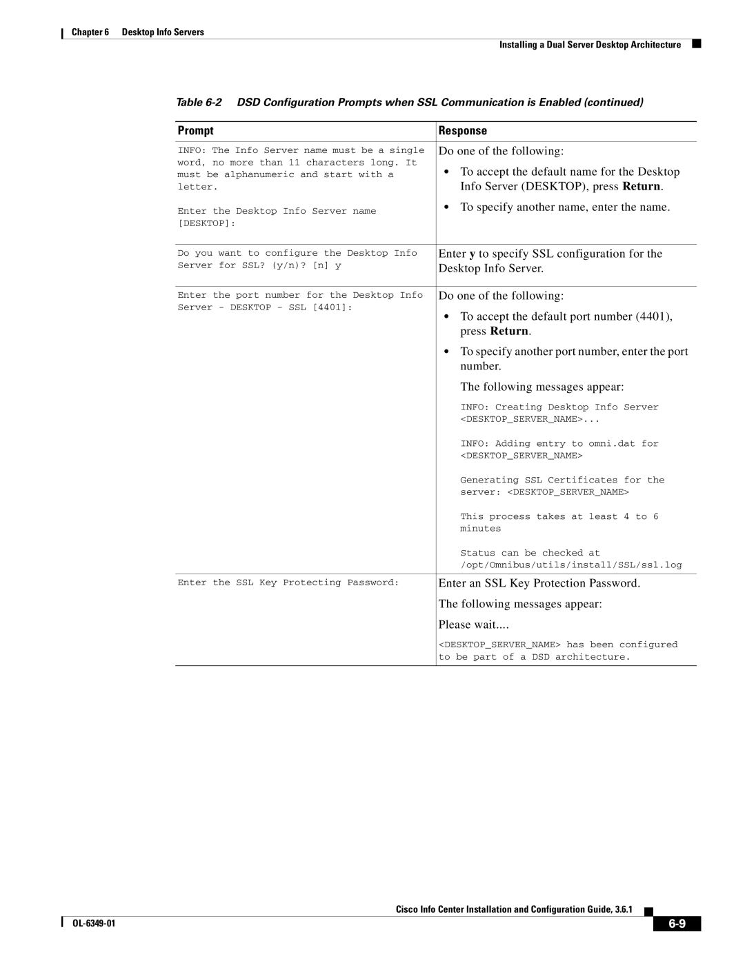 Cisco Systems OL-6349-01 manual Enter y to specify SSL configuration for, Desktop Info Server, Please wait 