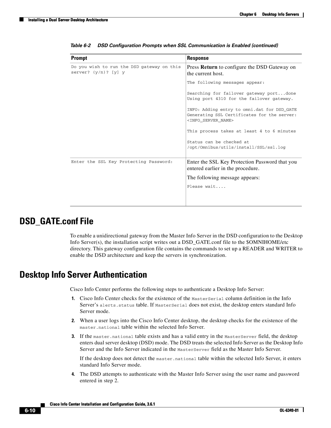Cisco Systems OL-6349-01 manual DSDGATE.conf File, Desktop Info Server Authentication, 6-10, Prompt, Response 