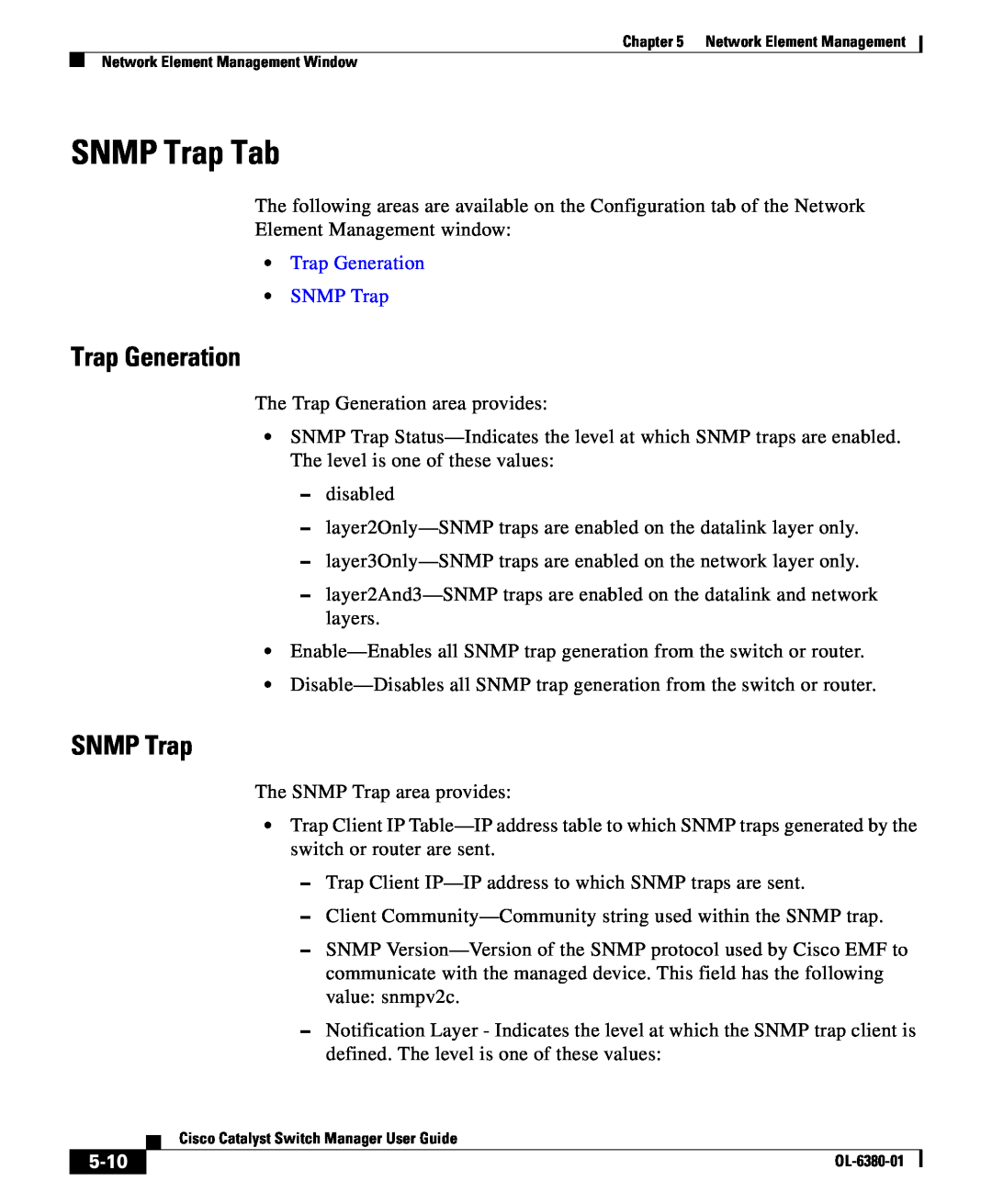 Cisco Systems OL-6380-01 manual SNMP Trap Tab, Trap Generation SNMP Trap, 5-10 