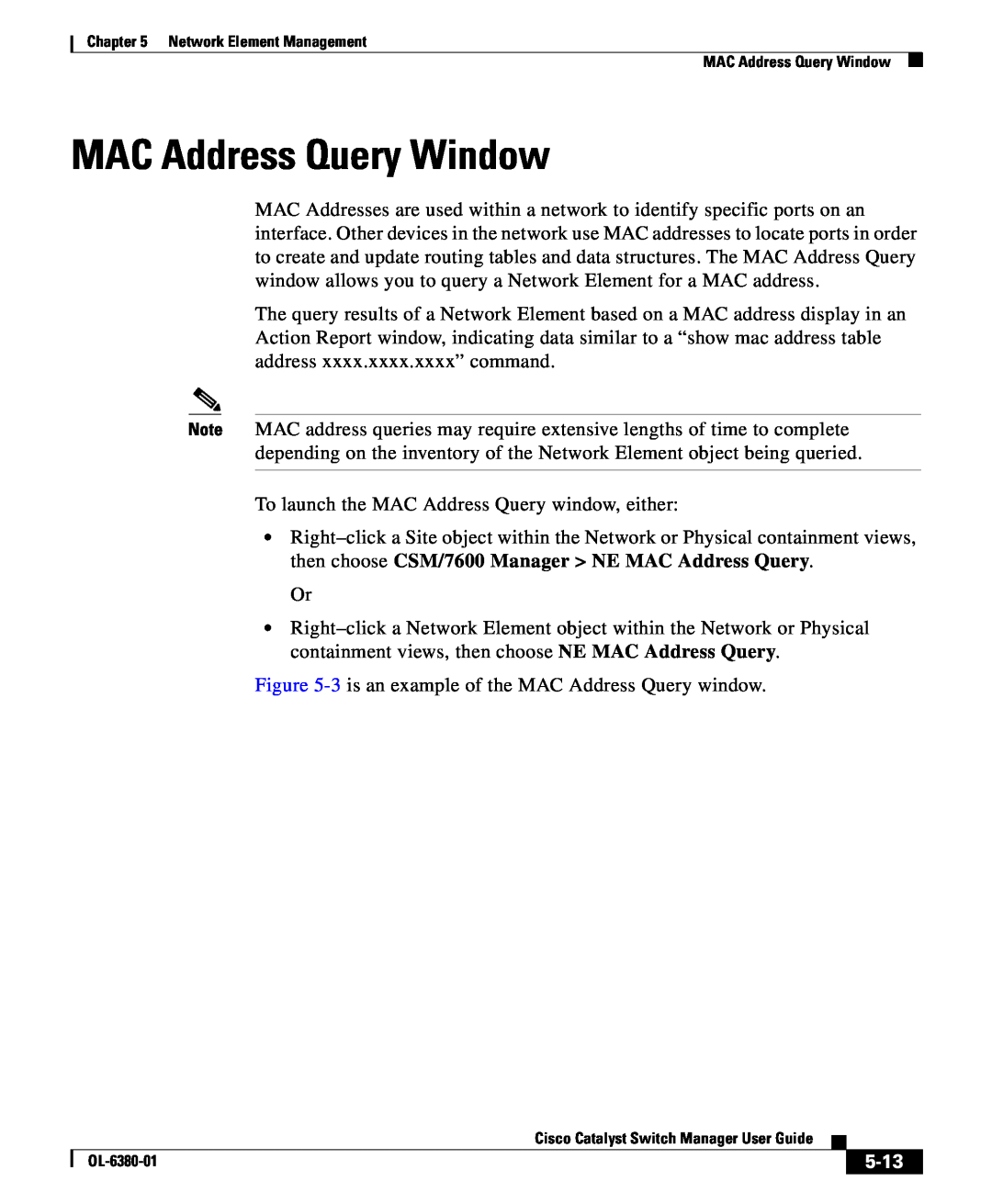 Cisco Systems OL-6380-01 manual MAC Address Query Window, 5-13 