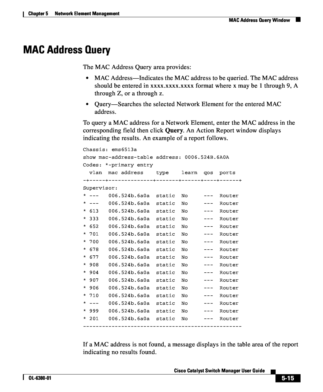 Cisco Systems OL-6380-01 manual MAC Address Query, 5-15 