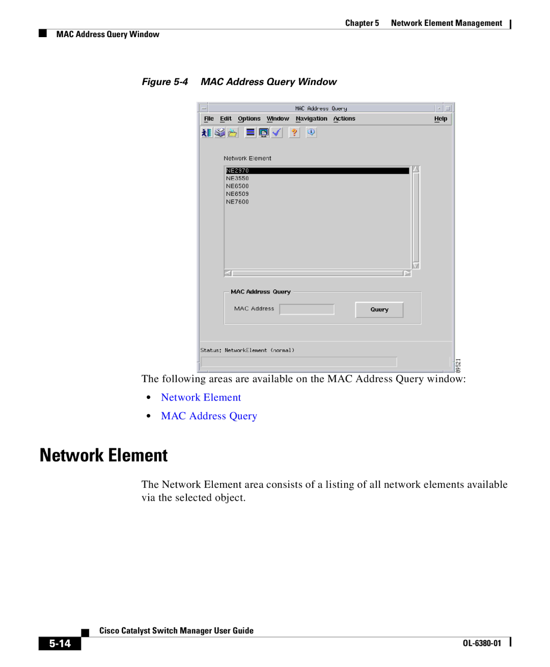 Cisco Systems OL-6380-01 manual Network Element, MAC Address Query Window 