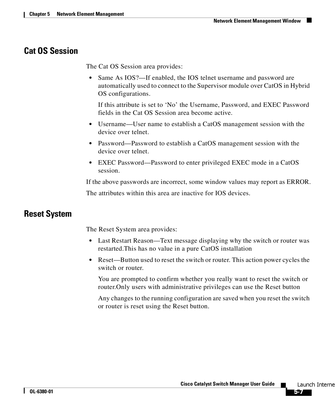 Cisco Systems OL-6380-01 manual Cat OS Session, Reset System 