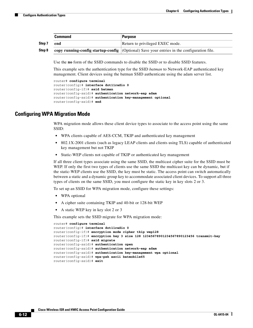 Cisco Systems OL-6415-04 manual Configuring WPA Migration Mode, End Return to privileged Exec mode 