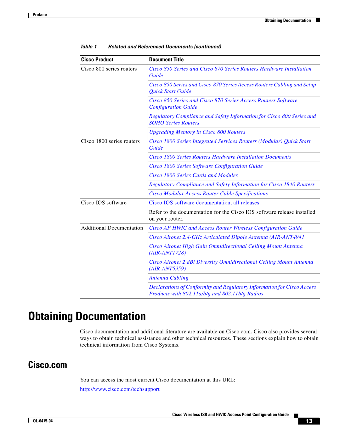 Cisco Systems OL-6415-04 manual Obtaining Documentation, Cisco.com 