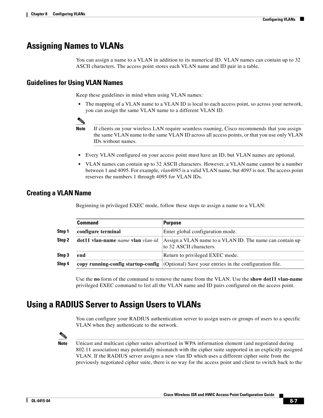 Cisco Systems OL-6415-04 Assigning Names to VLANs, Using a Radius Server to Assign Users to VLANs, Creating a Vlan Name 