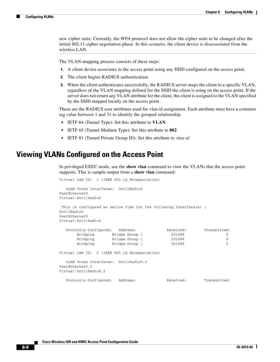 Cisco Systems OL-6415-04 manual Viewing VLANs Configured on the Access Point 