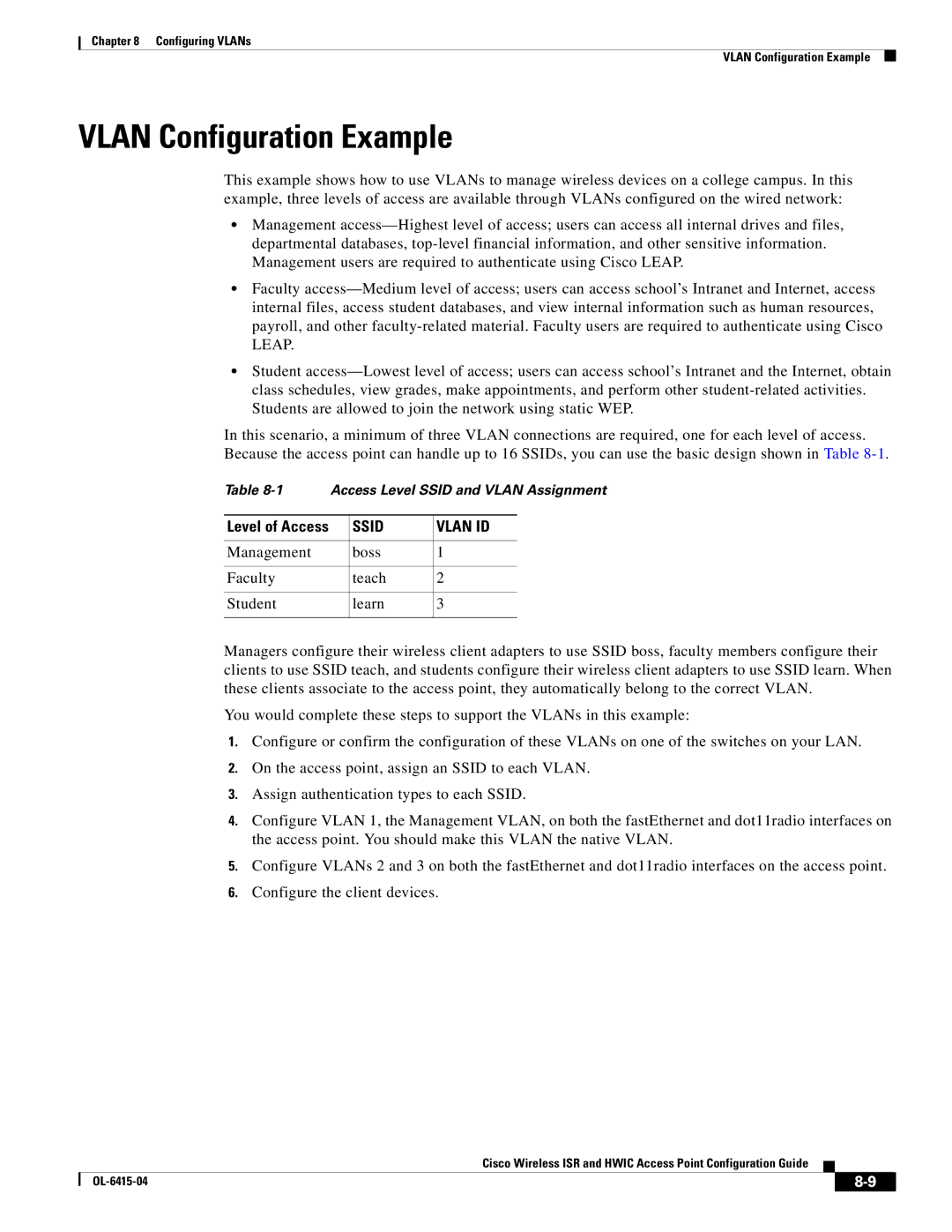 Cisco Systems OL-6415-04 manual Vlan Configuration Example, Ssid Vlan ID 