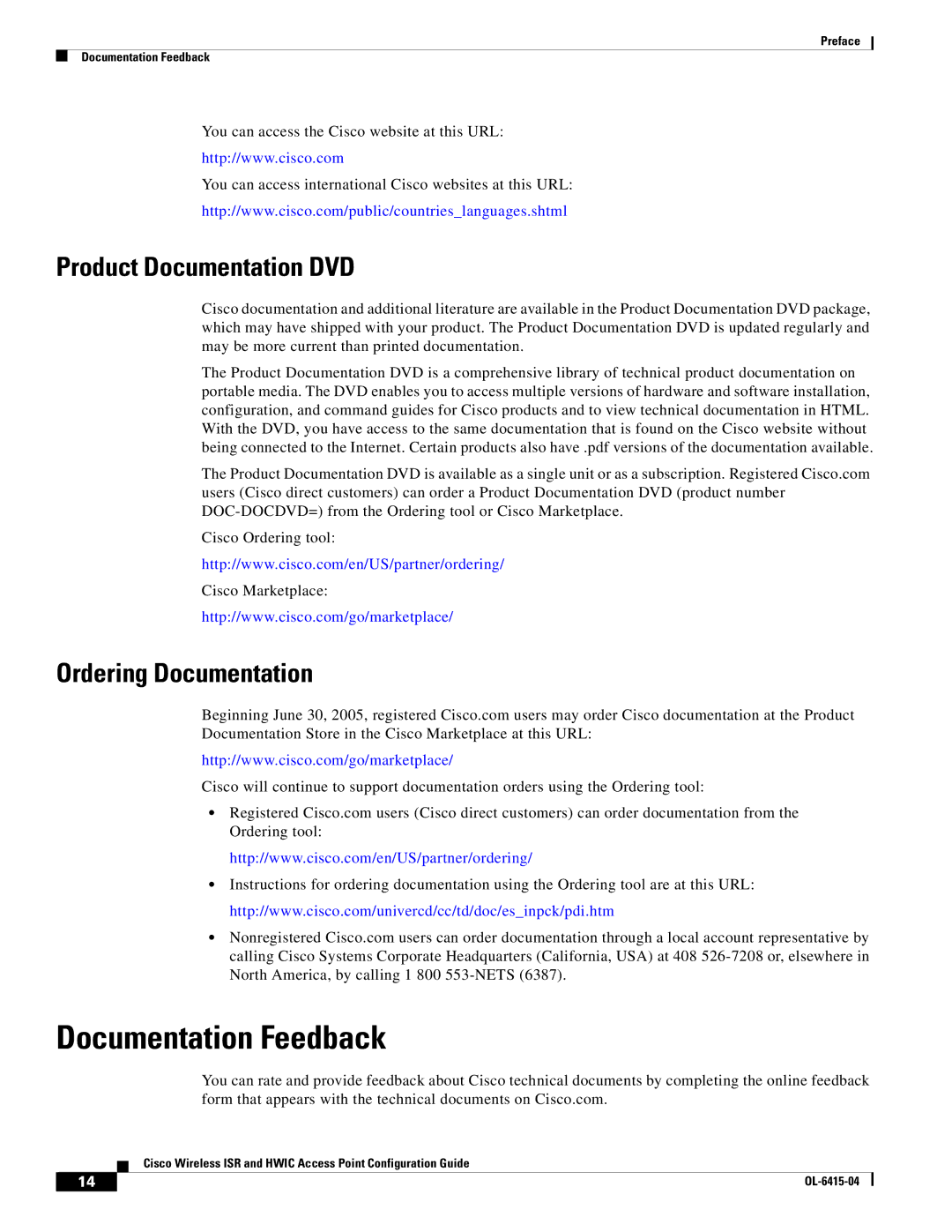 Cisco Systems OL-6415-04 manual Documentation Feedback, Product Documentation DVD, Ordering Documentation 