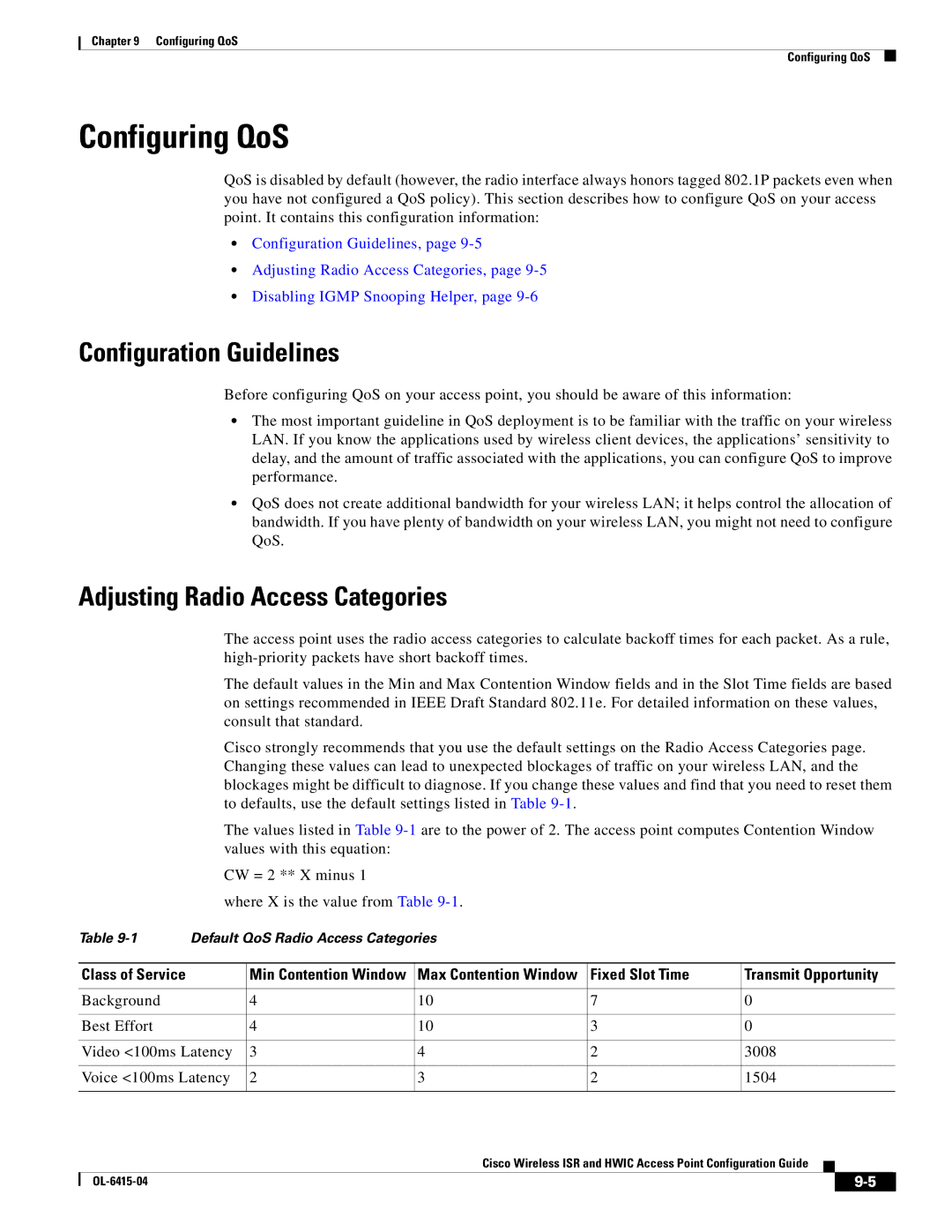 Cisco Systems OL-6415-04 Configuring QoS, Configuration Guidelines, Adjusting Radio Access Categories, Fixed Slot Time 