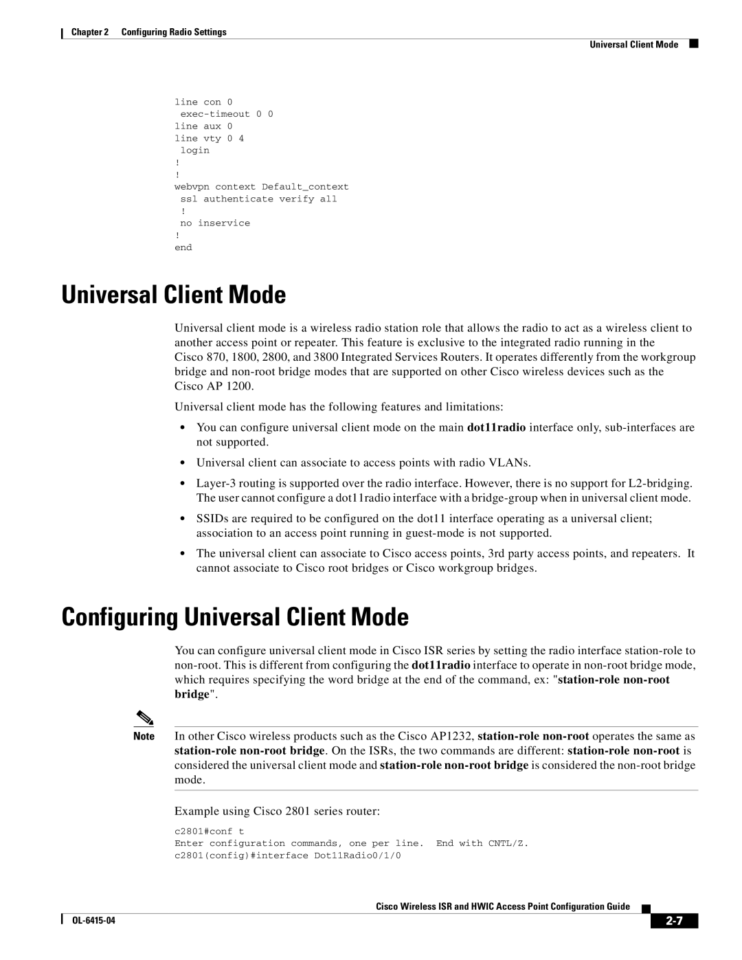 Cisco Systems OL-6415-04 manual Configuring Universal Client Mode 