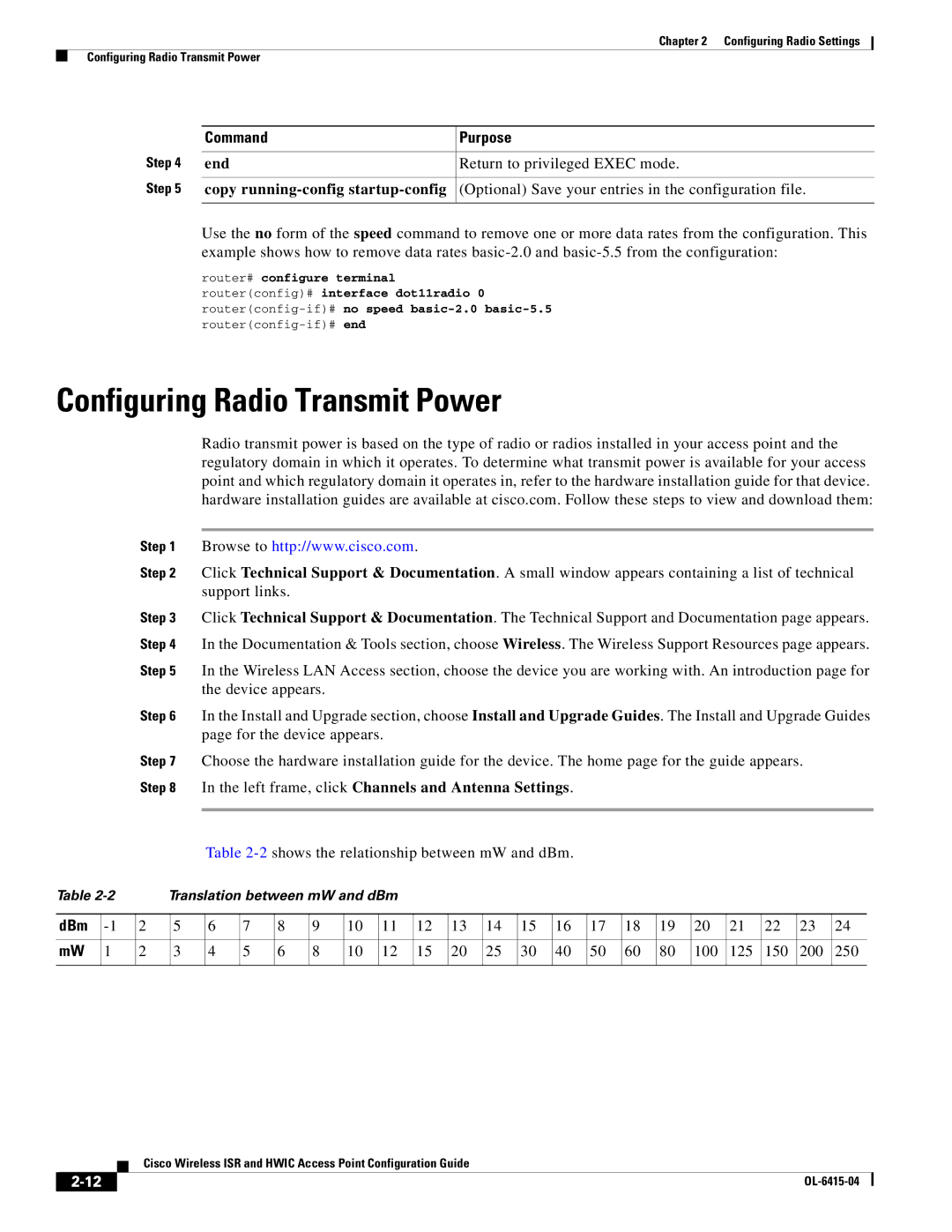 Cisco Systems OL-6415-04 Configuring Radio Transmit Power, End Return to privileged Exec mode, DBm, 100 125 150 200 250 