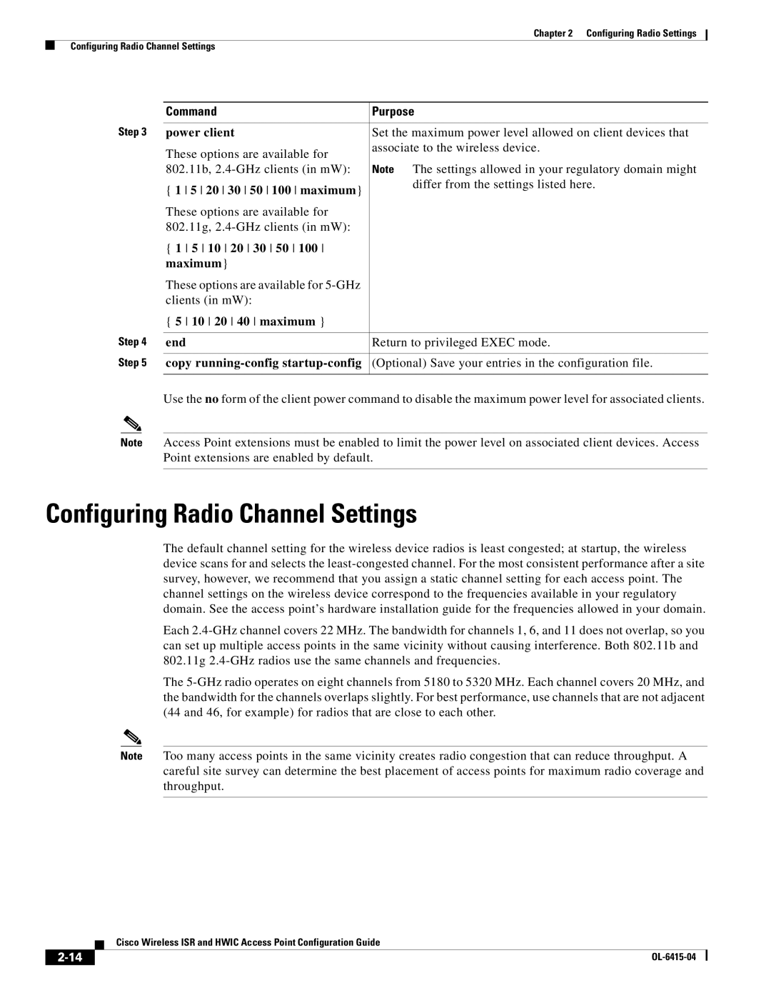 Cisco Systems OL-6415-04 manual Configuring Radio Channel Settings, Power client, 20 30 50 100 maximum, 10 20 30 50 Maximum 