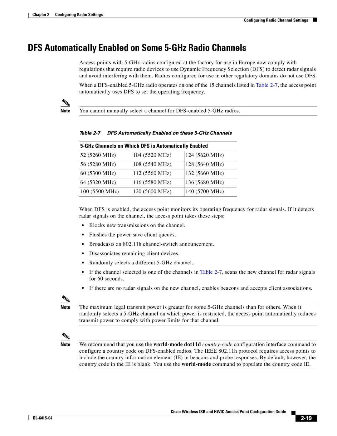 Cisco Systems OL-6415-04 manual DFS Automatically Enabled on Some 5-GHz Radio Channels 