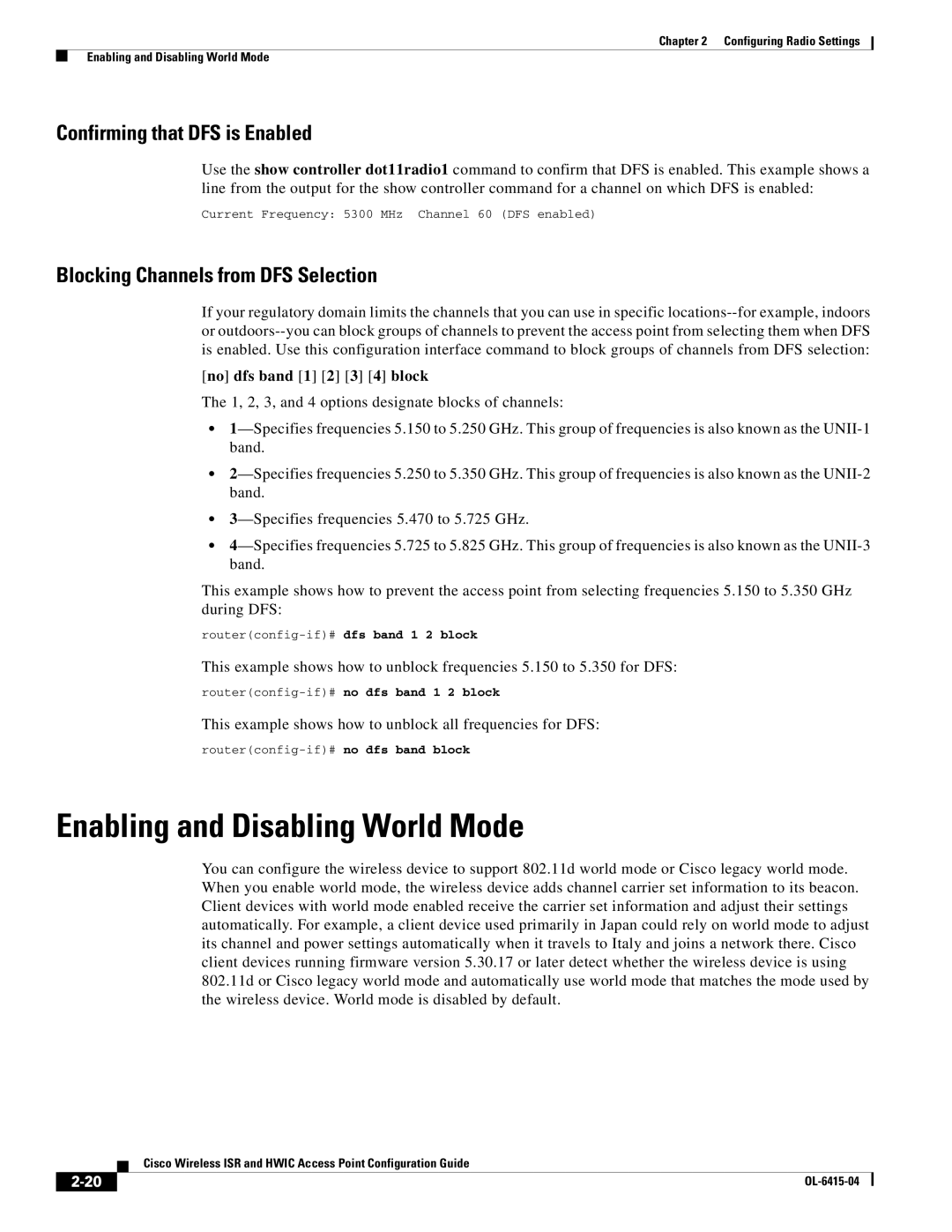 Cisco Systems OL-6415-04 Enabling and Disabling World Mode, Confirming that DFS is Enabled, No dfs band 1 2 3 4 block 