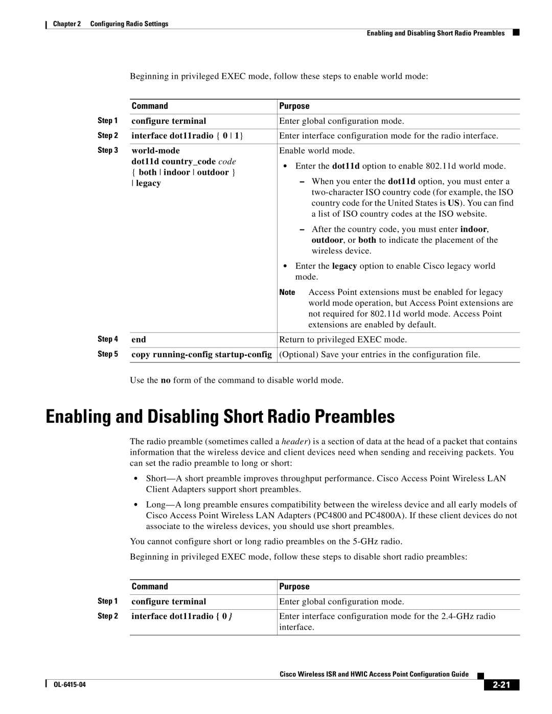 Cisco Systems OL-6415-04 manual Enabling and Disabling Short Radio Preambles 