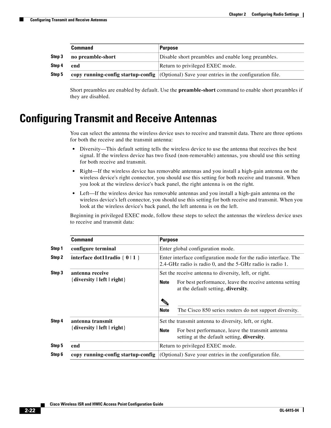 Cisco Systems OL-6415-04 manual Configuring Transmit and Receive Antennas, Antenna receive, Diversity left right 