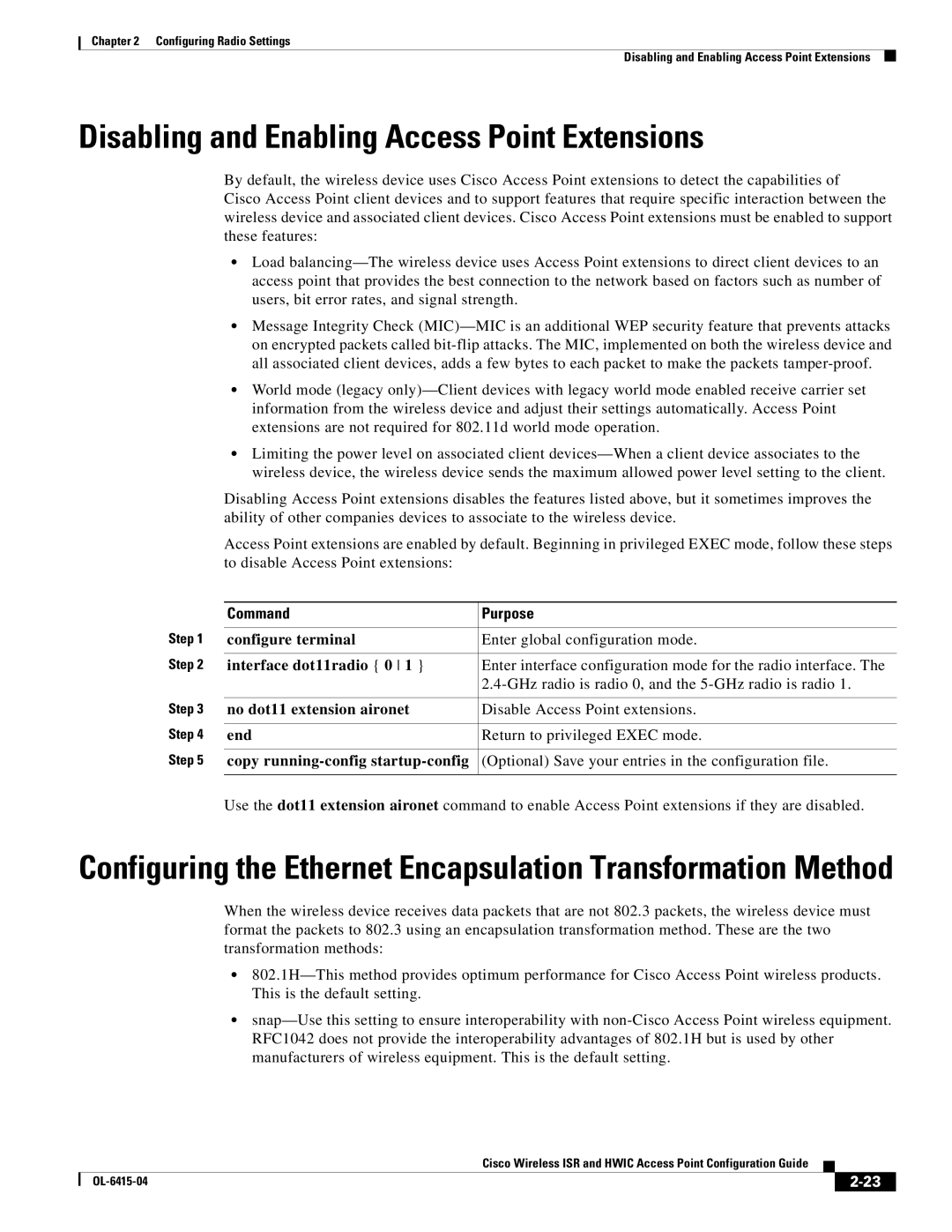 Cisco Systems OL-6415-04 manual Disabling and Enabling Access Point Extensions, No dot11 extension aironet 