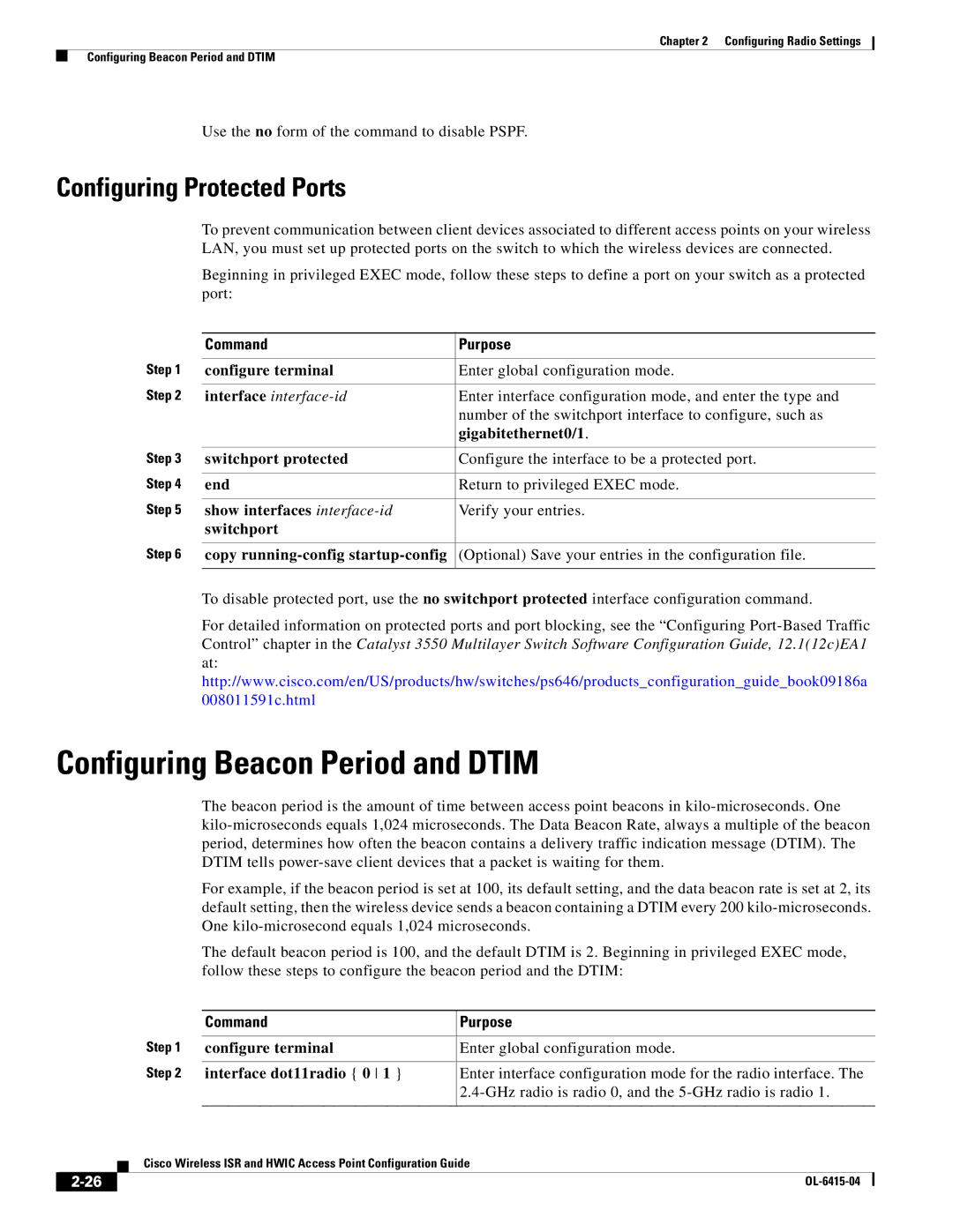 Cisco Systems OL-6415-04 manual Configuring Beacon Period and Dtim, Configuring Protected Ports 