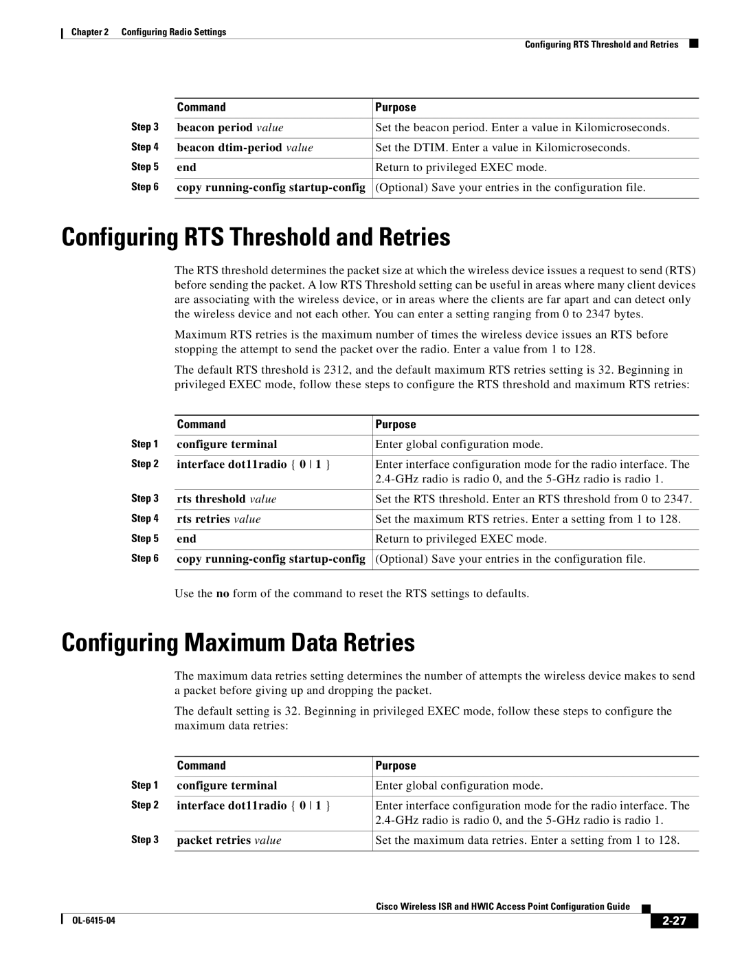 Cisco Systems OL-6415-04 Configuring RTS Threshold and Retries, Configuring Maximum Data Retries, Rts threshold value 