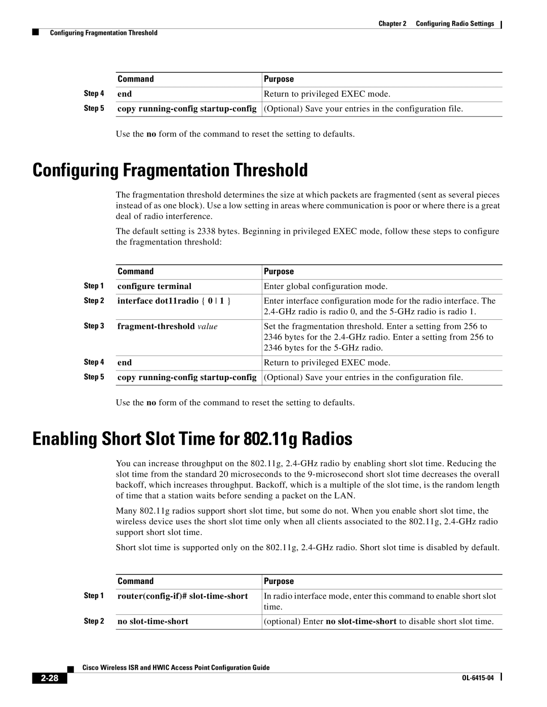 Cisco Systems OL-6415-04 manual Configuring Fragmentation Threshold, Enabling Short Slot Time for 802.11g Radios 