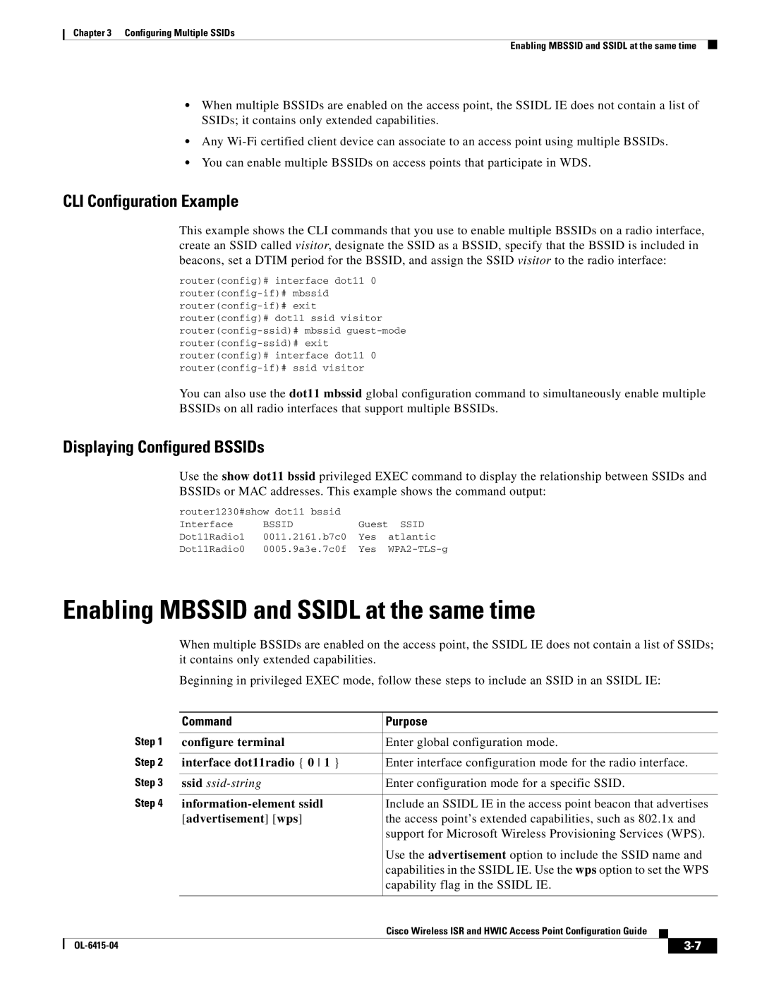 Cisco Systems OL-6415-04 Enabling Mbssid and Ssidl at the same time, CLI Configuration Example, Information-element ssidl 