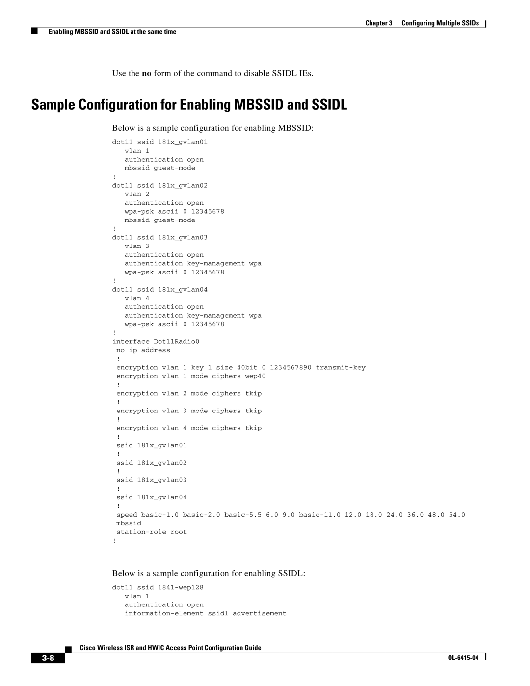 Cisco Systems OL-6415-04 manual Sample Configuration for Enabling Mbssid and Ssidl 