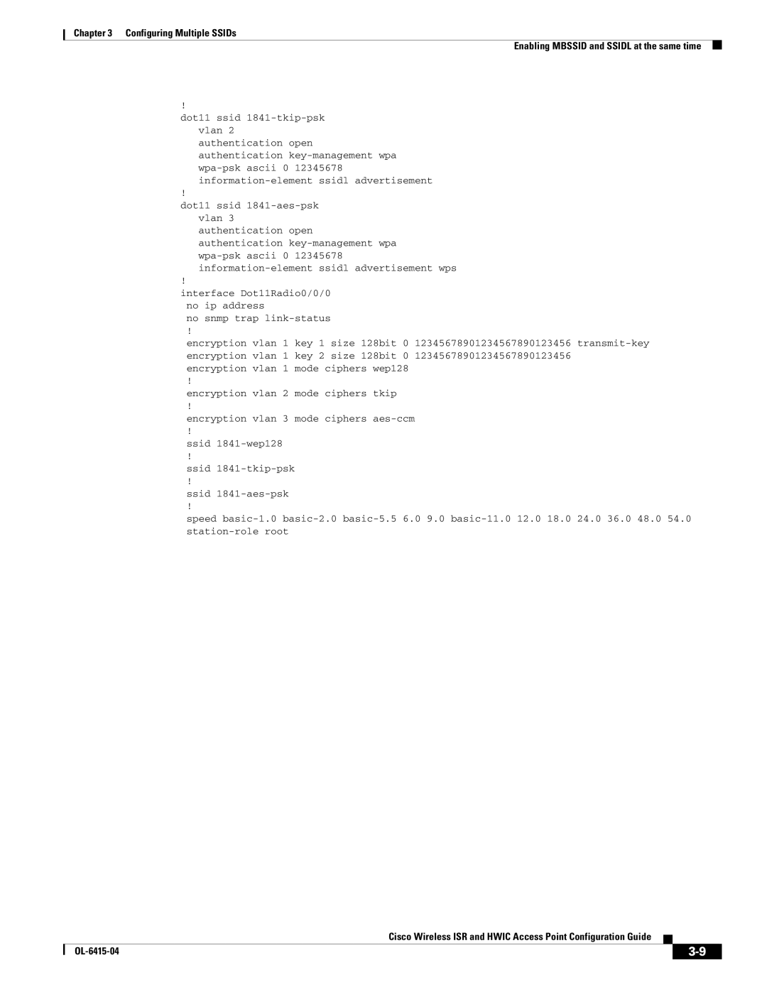 Cisco Systems OL-6415-04 manual Interface Dot11Radio0/0/0 no ip address 