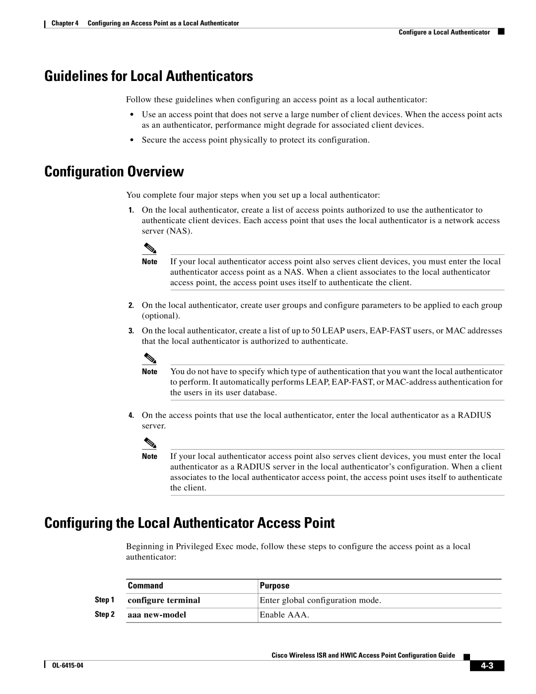 Cisco Systems OL-6415-04 manual Guidelines for Local Authenticators, Configuration Overview, Aaa new-model Enable AAA 