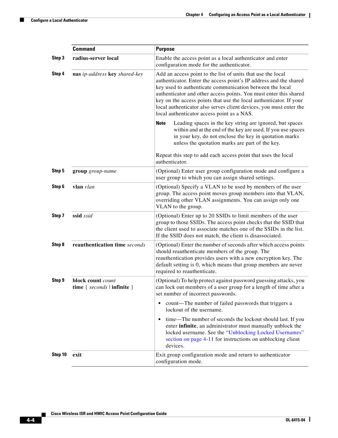 Cisco Systems OL-6415-04 Radius-server local, Vlan vlan, Ssid ssid, Reauthentication time seconds, Block count count, Exit 