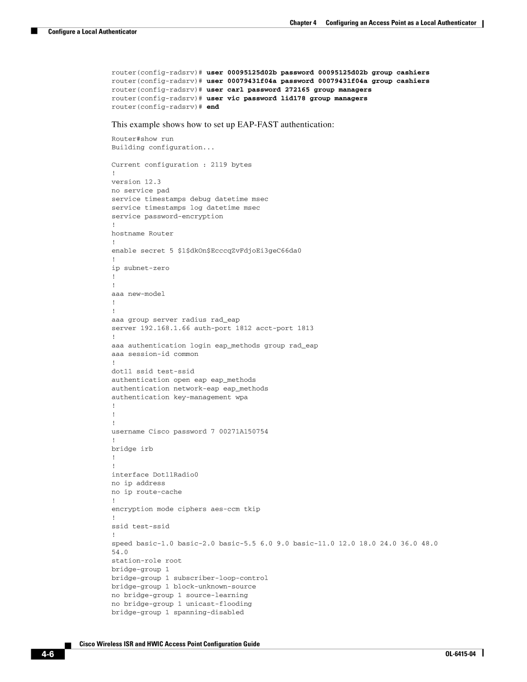 Cisco Systems OL-6415-04 manual This example shows how to set up EAP-FAST authentication 