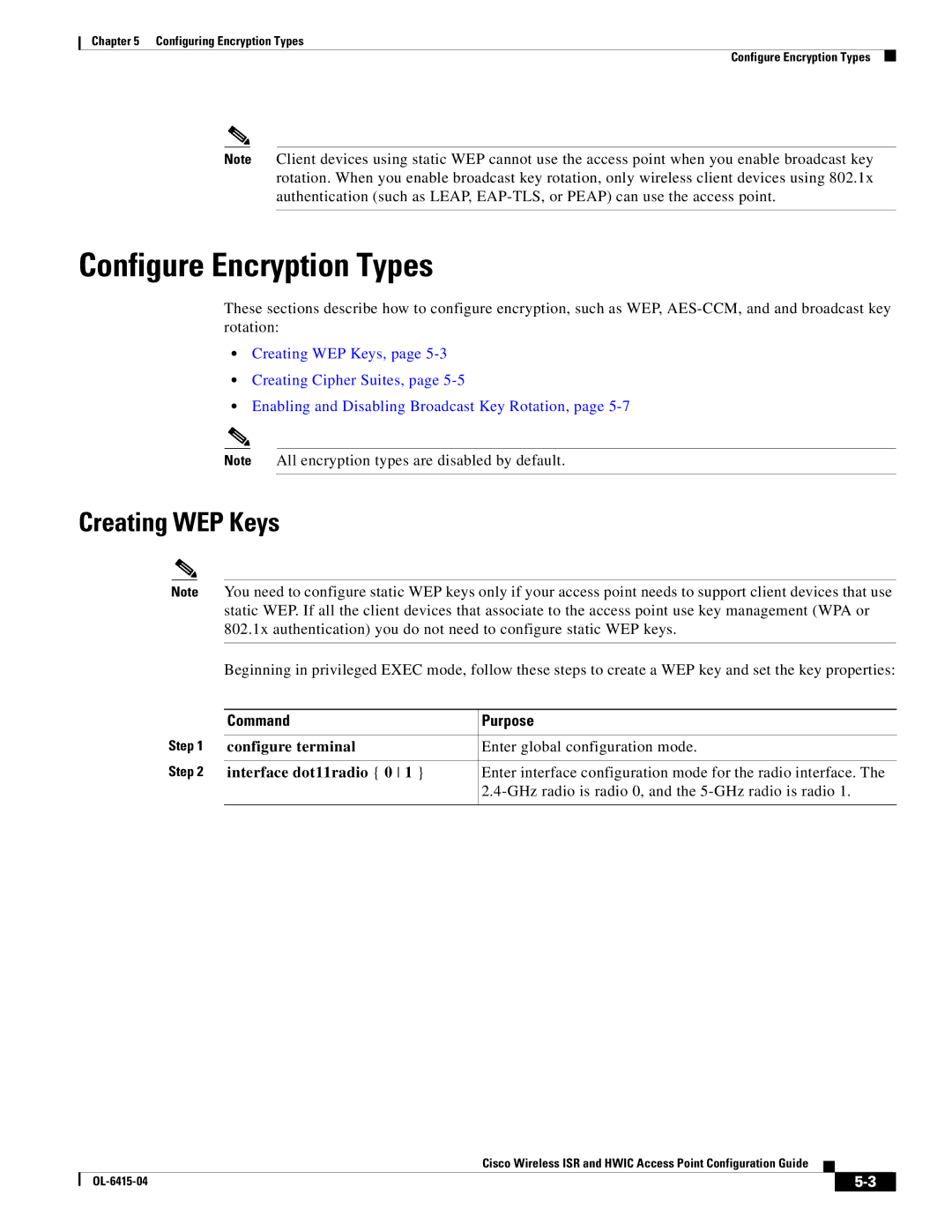 Cisco Systems OL-6415-04 manual Configure Encryption Types, Creating WEP Keys 