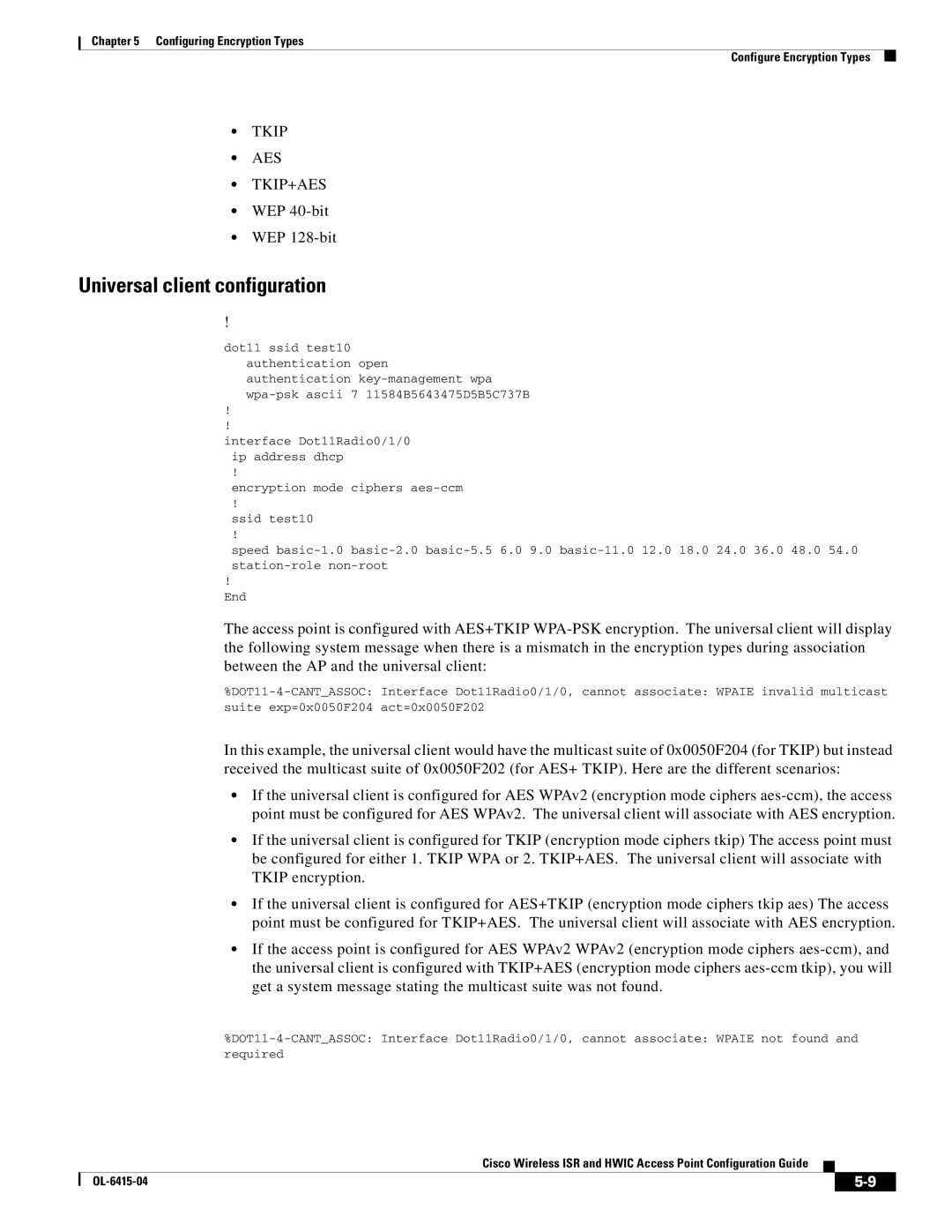 Cisco Systems OL-6415-04 manual Universal client configuration, Tkip AES TKIP+AES, WEP 40-bit WEP 128-bit 