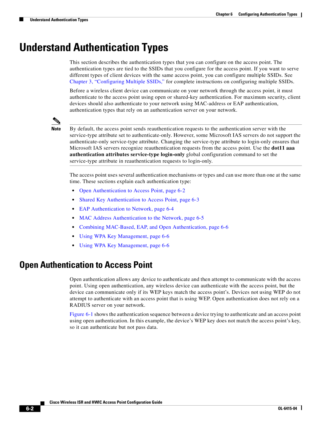 Cisco Systems OL-6415-04 manual Understand Authentication Types, Open Authentication to Access Point 