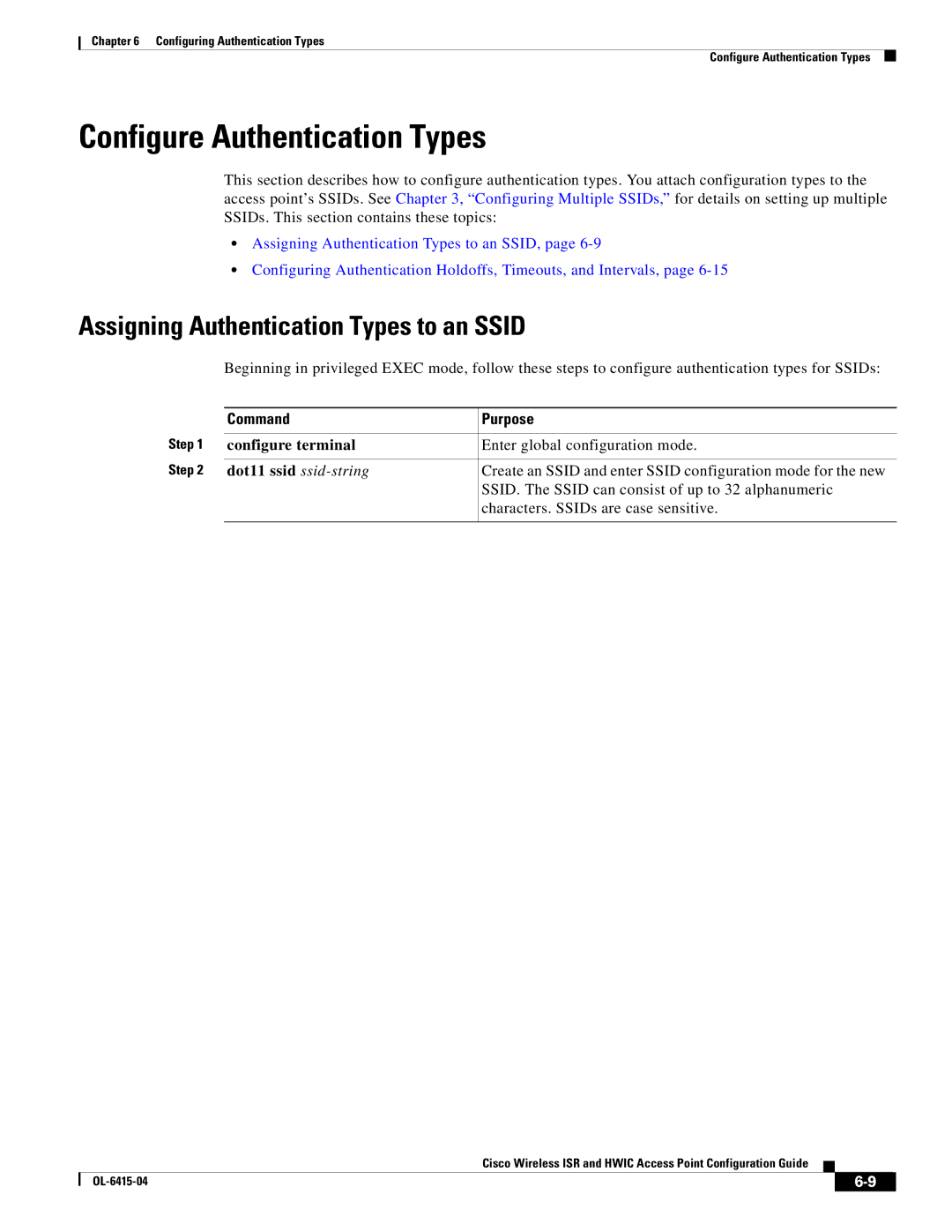 Cisco Systems OL-6415-04 manual Configure Authentication Types, Assigning Authentication Types to an Ssid 