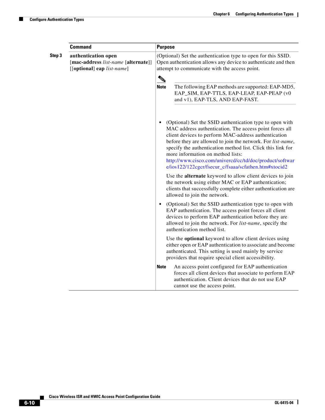 Cisco Systems OL-6415-04 manual Authentication open, Optional Set the authentication type to open for this Ssid 