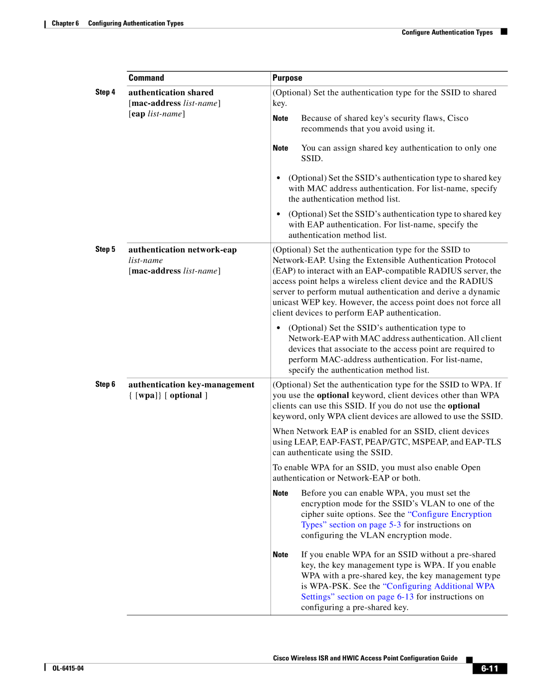 Cisco Systems OL-6415-04 manual Authentication shared, Mac-address list-name, Authentication network-eap, Wpa optional 