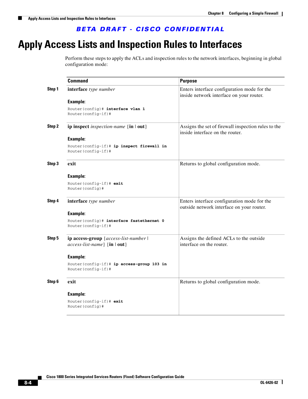 Cisco Systems OL-6426-02 manual Apply Access Lists and Inspection Rules to Interfaces, Inside interface on the router 