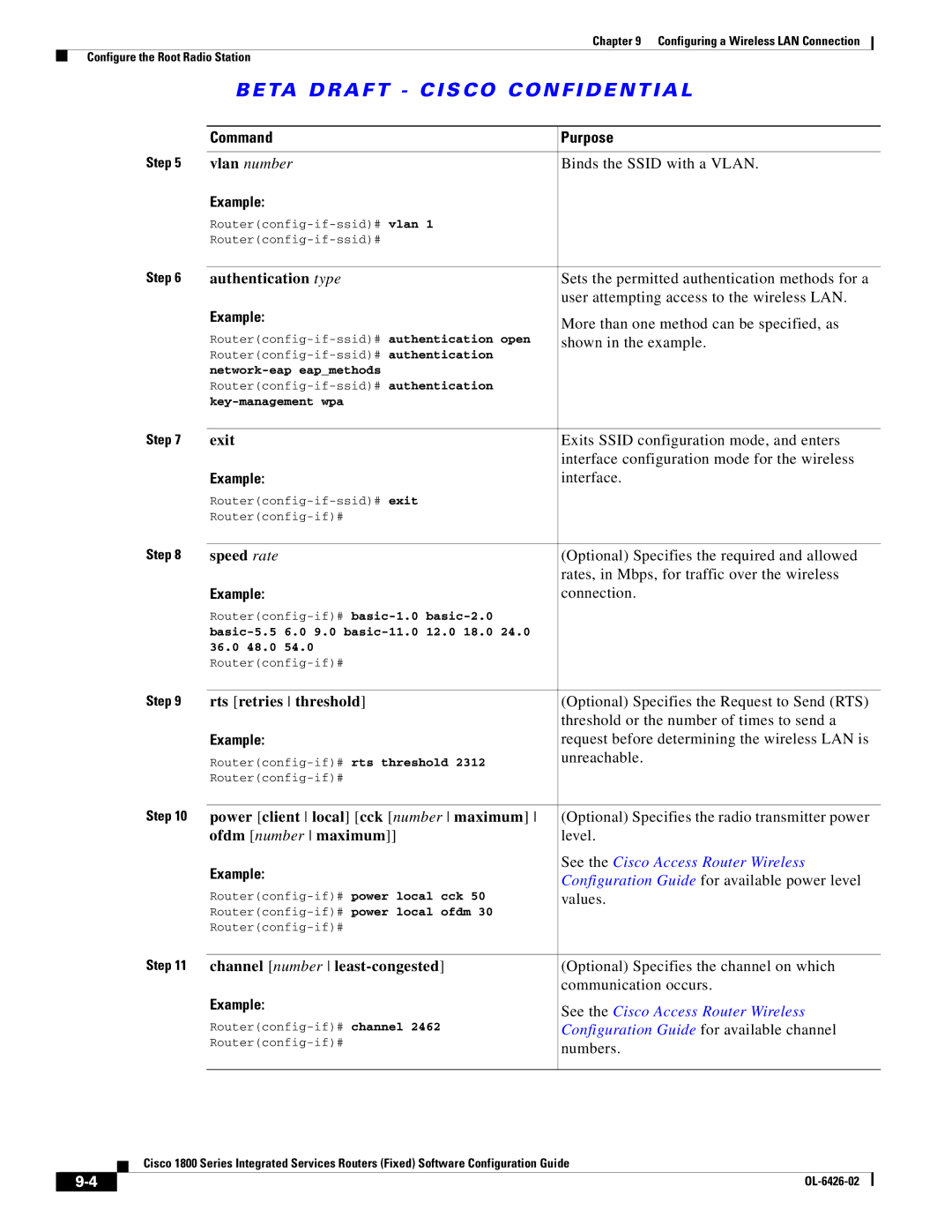 Cisco Systems OL-6426-02 Vlan number Binds the Ssid with a Vlan, Sets the permitted authentication methods for a, Level 