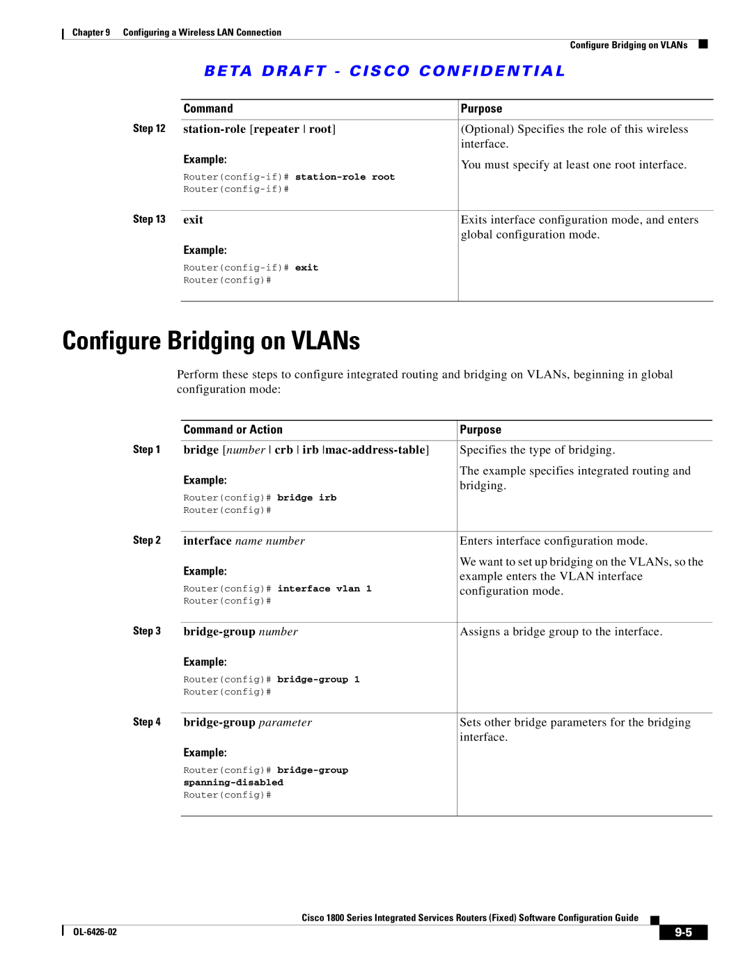 Cisco Systems OL-6426-02 Configure Bridging on VLANs, Station-role repeater root, Bridge number crb irb mac-address-table 