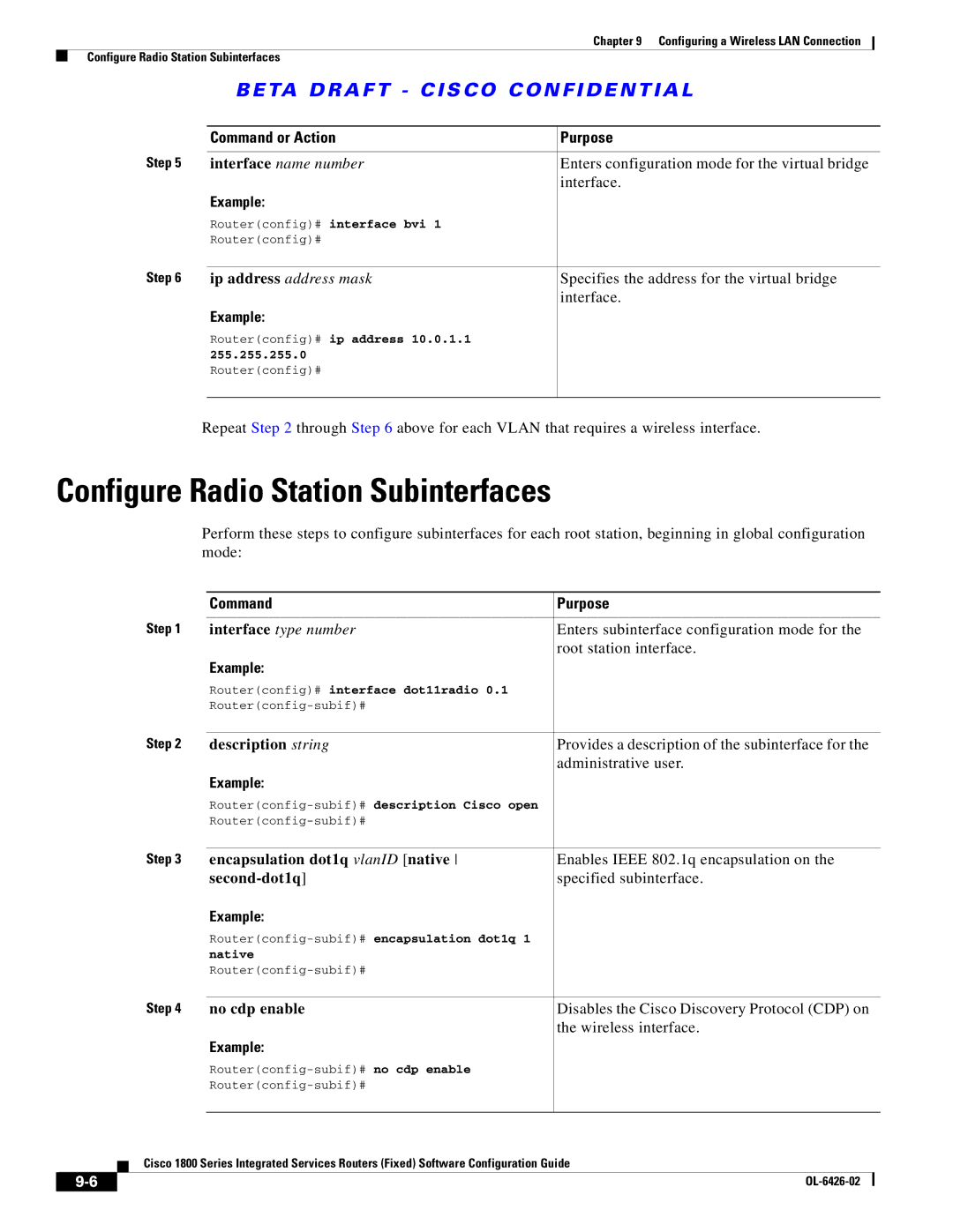 Cisco Systems OL-6426-02 manual Configure Radio Station Subinterfaces, Enables Ieee 802.1q encapsulation on 