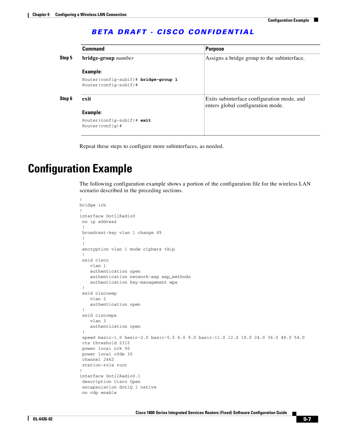 Cisco Systems OL-6426-02 manual Assigns a bridge group to the subinterface, Exits subinterface configuration mode 