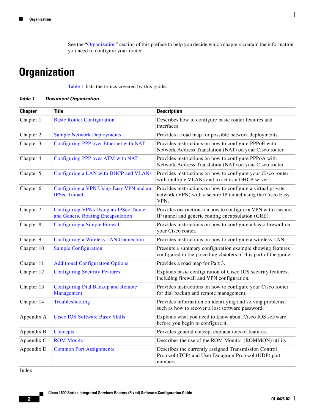 Cisco Systems OL-6426-02 manual Organization, Chapter Title Description, Vpn 