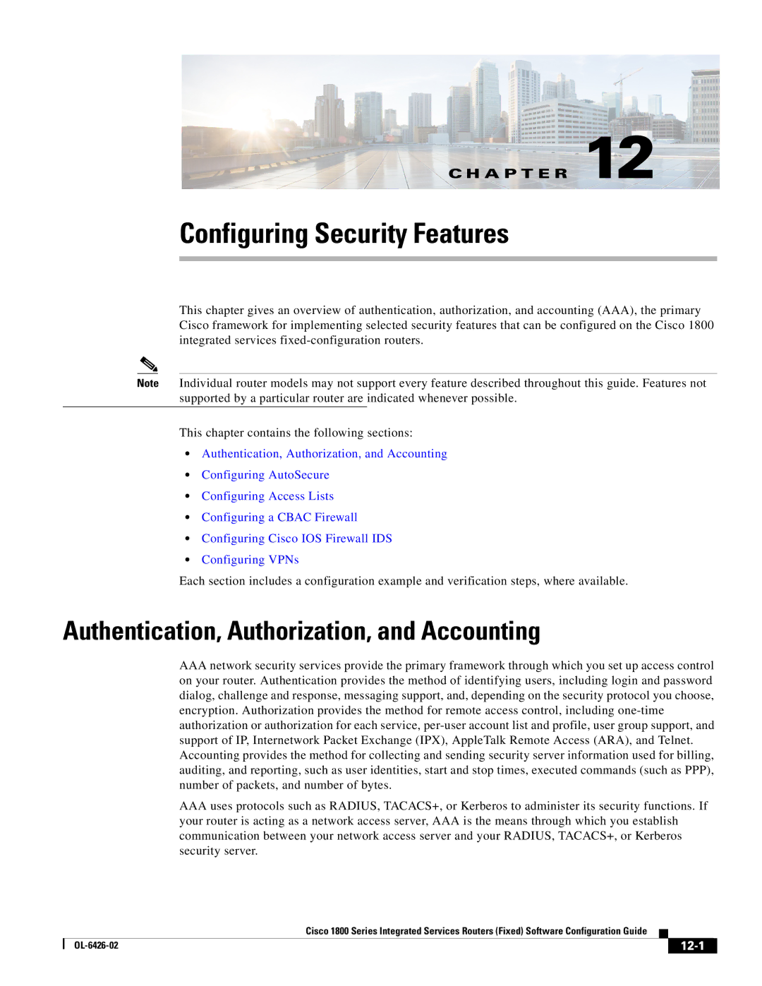 Cisco Systems OL-6426-02 manual Configuring Security Features, Authentication, Authorization, and Accounting, 12-1 
